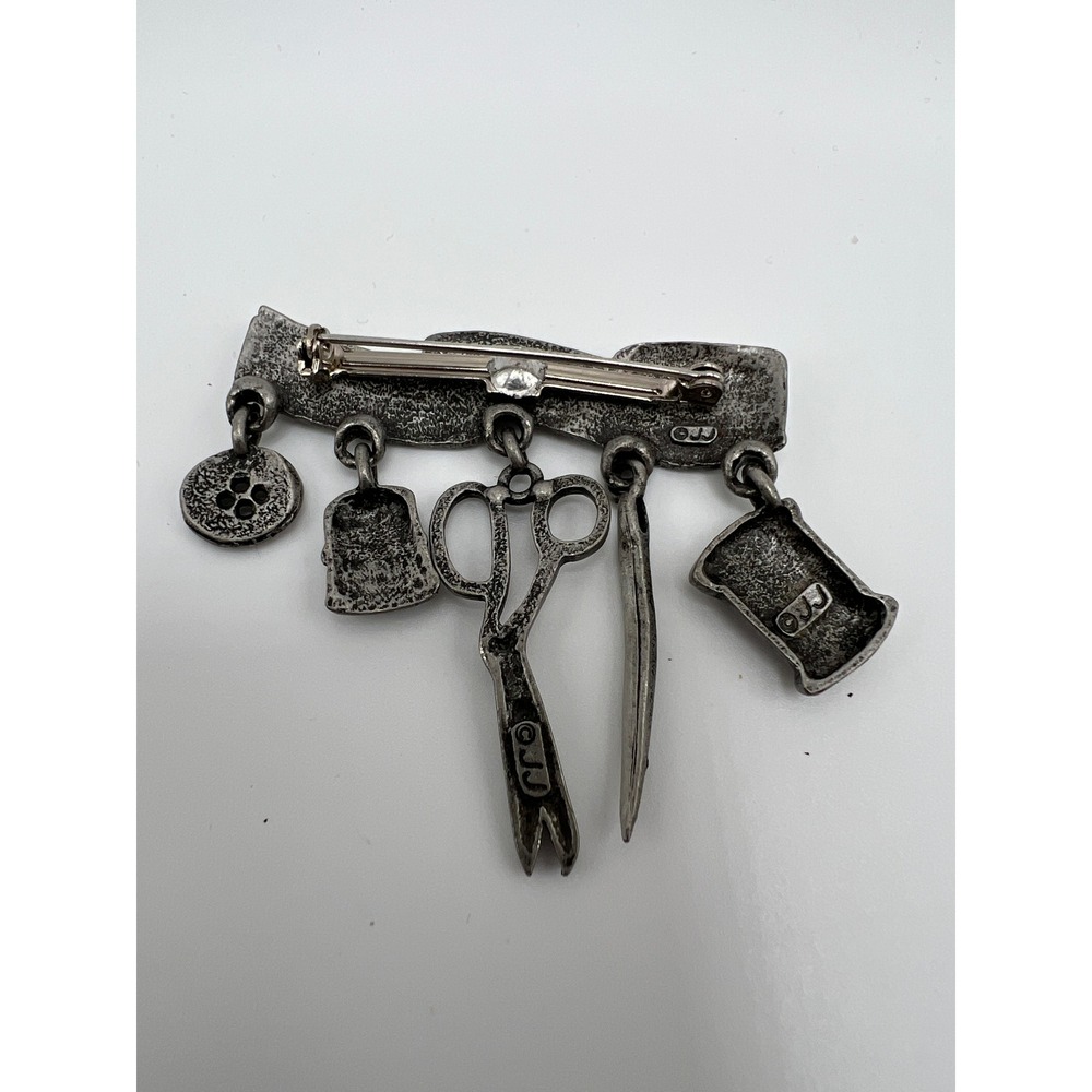 Vintage JJ Jonette Pewter Sewing Charm Pin Brooch 2" Silver Tone - Picture 7 of 9